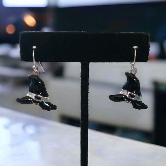 Halloween Earrings Dangle Silver Tone Black Enameled Witch Hat Witchy Witchcore. - Picture 16 of 16